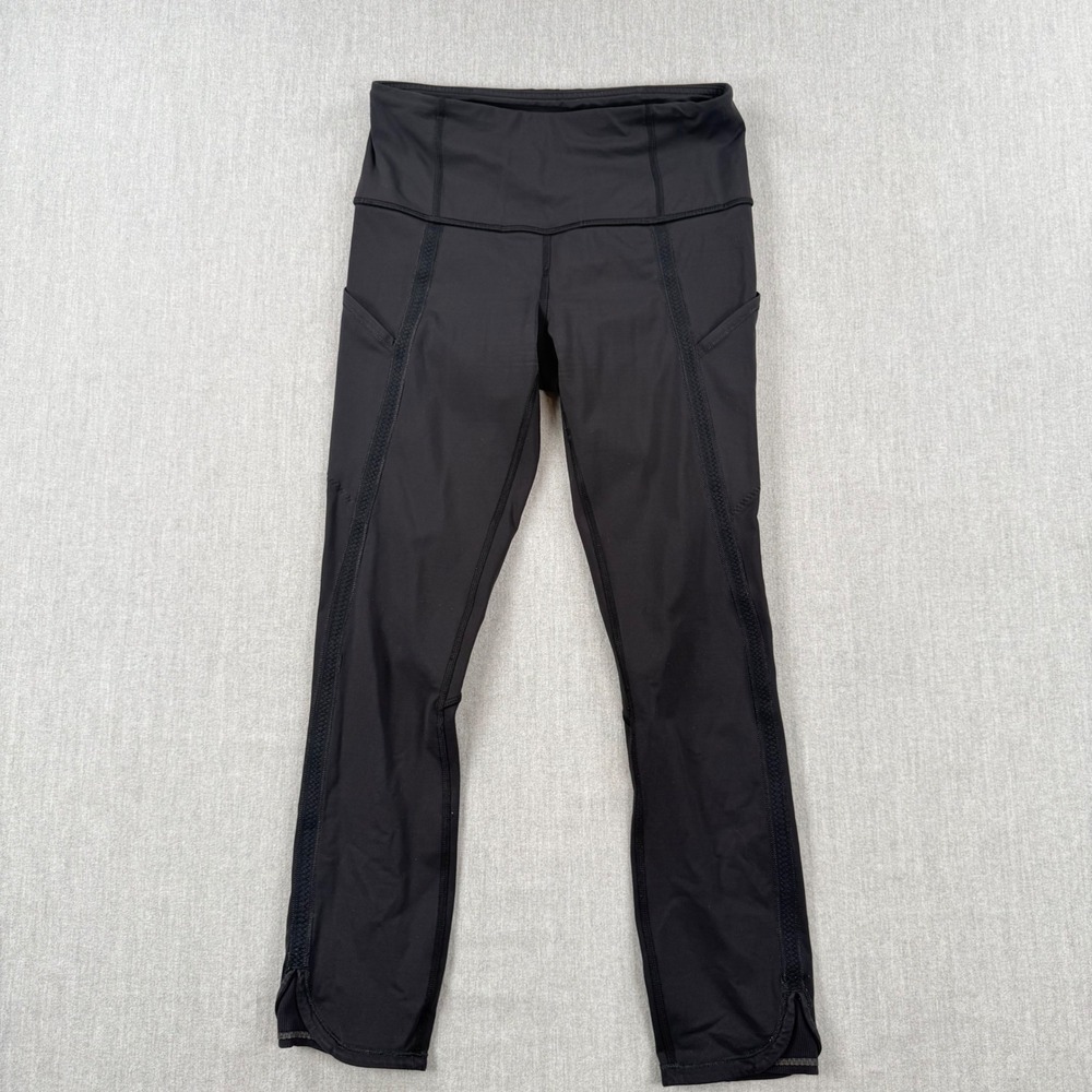 Lululemon Black High Rise Crop Leggings Pockets Mesh Detail Size 4